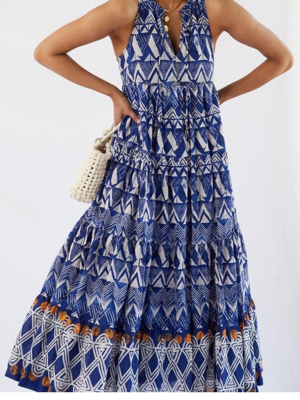 Anthropologie Blue & White Geometric Tiered Maxi Dress with Tan Accents